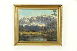 Mountain Scene with Lake, Antique Original Oil Painting, F. Becoer #33389