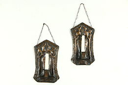 Pair of Arts & Crafts Antique Hammered Copper Wall Sconce Candleholders  #33467