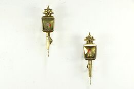 Pair of Antique English Brass Oil Carriage Lanterns, Cut Glass #33795
