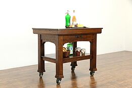 Oak Antique Industrial Rolling Kitchen Island, Wine & Cheese, Plant Table #34110