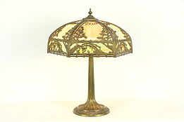 Curved Stained Glass Panel Shade Antique Lamp, Bridge & Bird Filigree #34171