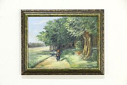 Walking on a Sun Dappled Path Vintage Original Oil Painting, Signed 19" #33604
