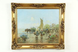 Dutch Market & Shore Vintage Original Oil Painting, Maisky 30" #33656