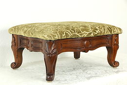 Victorian Antique Footstool, Carved Walnut, New Upholstery #34313