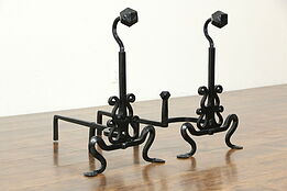Pair of Hand Wrought Iron Large Antique Fireplace Hearth Andirons #34493
