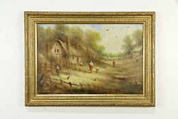 European Village Scene Vintage Original Oil Painting, Campbell 44" #34557