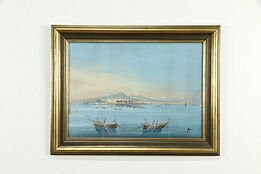 Fishermen in Naples & Vesuvius Antique Original Watercolor Painting 30" #34556