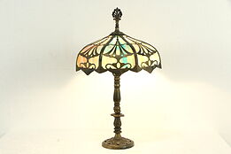 Curved Panel Stained Glass Shade Antique Lamp Hand Painted Base, Milcast #34707