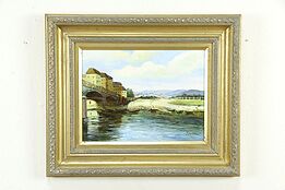 River Bank & Bridge English Original Vintage Oil Painting, J. Norton 25" #35049