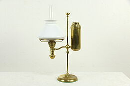 Victorian Brass Antique Student Desk Oil Kerosene Lamp, Milk Glass Shade #35117