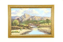 Southwest Landscape & Waterfall Vintage Original Oil Painting, Hodges 42" #34783