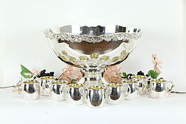 Silverplate Footed Vintage Punch Bowl Set, 9 Cups, Signed Towle #34946