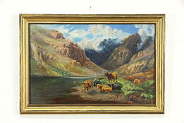 Highland Cattle in Scotland Original Antique Oil Painting, A. Viernow 21" #34428
