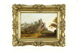 Shepherds with Castle Ruins Antique English Original Oil Painting 24".#35041