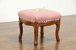 Victorian Antique Carved Walnut Footstool Needlepoint Upholstery #35426