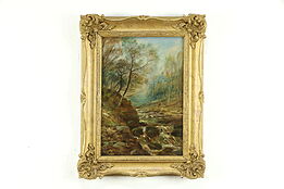 Victorian Antique Original Oil Painting Forest Waterfall with Walkers #35570