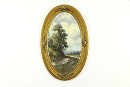Stream, Bridge and Farm Landscape Antique Original Pastel Painting 39" #34540