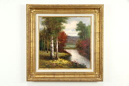 Stream in Autumn & Birches, Original Vintage Oil Painting, Signed, 34.5" #35754