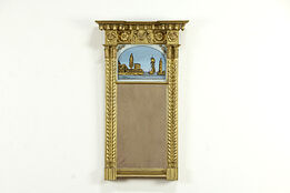 Federal Antique 1810 Mirror, Eglomise Reverse Painted Fort & Ship #35789