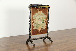 Victorian Antique 1850 English Fireplace Hearth Fire Screen, Needlepoint #35685