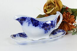 Victorian Antique Flow Blue Peach Royal Gravy Boat and Underplate, Crack #35896