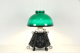 Victorian Antique Wrought Iron Lamp, Green Glass Shade, Bradley & Hubbard #34810