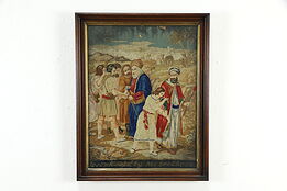 Joseph Sold into Slavery Antique Needlepoint Panel, Walnut Frame 29" #35166
