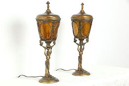 Art Nouveau Pair of Antique Figural Lamps, Amber Stained Glass Shades #35777