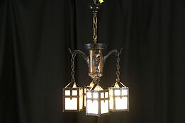 Arts & Crafts Copper, Iron, Stained Glass Antique Craftsman Chandelier #36061