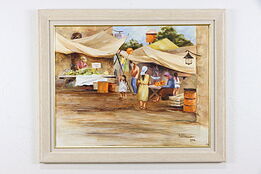 Marketplace Scene Original Vintage Oil Painting, Shirl Smithson 34" #35833