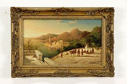 Village on Lake Orta, Italy, Original Antique Oil Painting, Signed 25" #35834