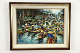 Floating Flower Market in Vietnam, Original Vintage Oil Painting 29" #35838