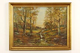 Fall Landscape with Brook Original Vintage Oil Painting, Fabian 35" #35841