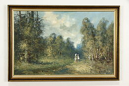 Forest Clearing Original Vintage Oil Painting, H. Fischer 46" #36482