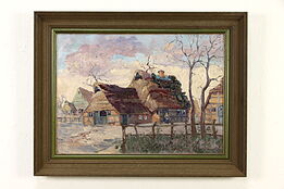 Thatched Country Cottages Original Vintage Oil Painting Signed 27.5" #35835