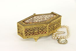 Gold Plated Filigree Vintage Jewelry Box, Beveled Glass & Red Velvet #36763
