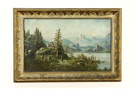 Swiss Alps Landscape Original Antique Oil Painting, Damarin 41" #36874