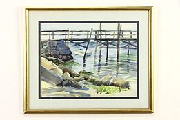 Maine Pier & Boats Original Vintage Watercolor Painting, Bottger 21 1/2" #36898