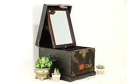 Chinese Antique Painted Lacquer Jewelry Chest & Mirror, Brass Padlock #36529