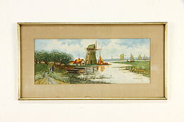 Dutch Scene Windmill & Boats Original Watercolor Painting 1905 Durham 22" #37002