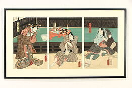Kabuki Triptych Scene Antique Japanese Woodblock Print Utagawa 32 1/2" #36703
