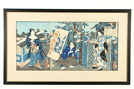 Garden Scene Antique Japanese Woodblock Triple Print Utagawa 35" #36704