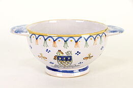 Lavender Quimper Signed Bowl with Handles, Hand Painted Brittany, France #37168