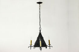 Arts & Crafts Wrought Iron Medieval Chandelier, Stained Glass #36673