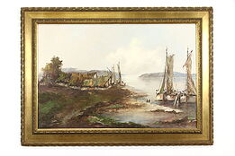 Fishing Village & Boats Vintage Original Oil Painting, Spier 43 1/2" #36797