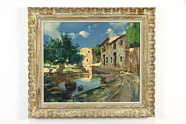 French Village & Stream Original Vintage Oil Painting, Leron 30 1/2" #37051