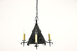 Arts & Crafts Wrought Iron Medieval Chandelier, Stained Glass #37344