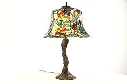 Leaded Stained Glass Vintage Lamp, Grapevine Base & Shade #35904