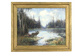 Moose & Northern Landscape Original Oil Painting 1922 O. Grafstrom 22"  #36189
