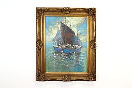 Fishing Boats & Blue Skies Original Oil Painting, 63" B. Mallet #36606